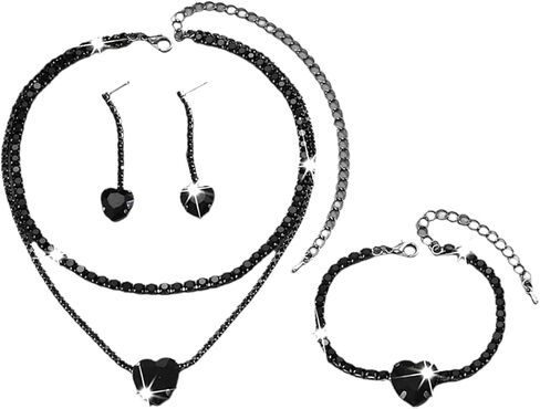 Sparkly Rhinestone Heart Jewelry Set for Women Black Cubic Zirconia Necklace Love Dangle Earrings Bracelet Sets Aesthetic Formal Jewelry Accessories in Saudi Arabia