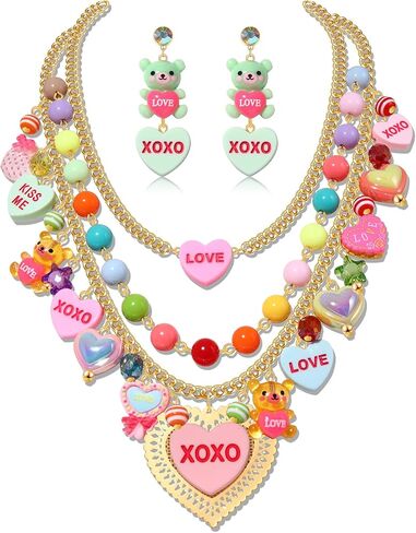 مجموعة مجوهرات عيد الحب الوردي المضحك XOXO على شكل قلب مصاصة على شكل دب غائر قلادة ذات طبقات متدلية مجموعة أقراط مجوهرات لذكرى عيد الحب وعيد الميلاد والحفلات in Saudi Arabia
