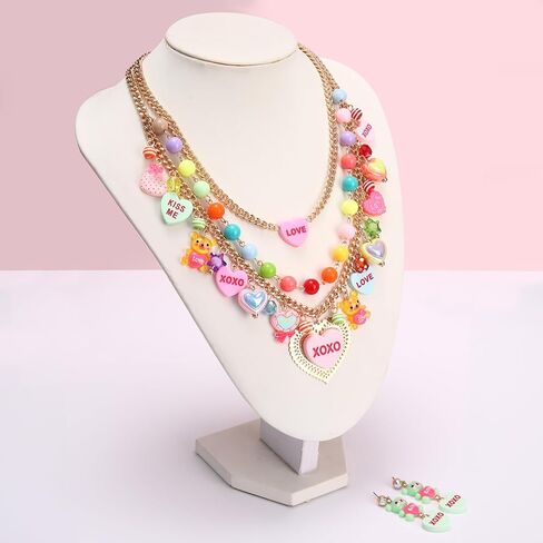 مجموعة مجوهرات عيد الحب الوردي المضحك XOXO على شكل قلب مصاصة على شكل دب غائر قلادة ذات طبقات متدلية مجموعة أقراط مجوهرات لذكرى عيد الحب وعيد الميلاد والحفلات in Saudi Arabia