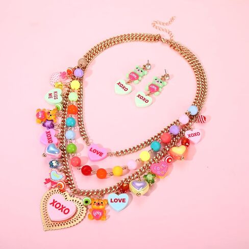 مجموعة مجوهرات عيد الحب الوردي المضحك XOXO على شكل قلب مصاصة على شكل دب غائر قلادة ذات طبقات متدلية مجموعة أقراط مجوهرات لذكرى عيد الحب وعيد الميلاد والحفلات in Saudi Arabia