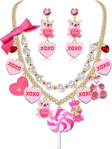 مجموعة مجوهرات عيد الحب الوردي المضحك XOXO على شكل قلب مصاصة على شكل دب غائر قلادة ذات طبقات متدلية مجموعة أقراط مجوهرات لذكرى عيد الحب وعيد الميلاد والحفلات in Saudi Arabia