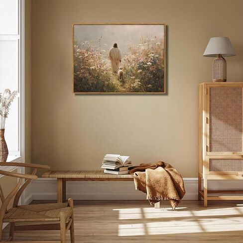 VONFRAENIT Jesus Leaves the 99 Sheep Canvas Wall Art The Lost Sheep Bible Stories Wall Decor Pictures Christian Wildflowers Painting for Bedroom Prayer Room Church Home Decoration in Saudi Arabia
