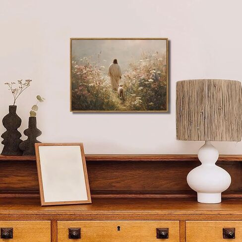 VONFRAENIT Jesus Leaves the 99 Sheep Canvas Wall Art The Lost Sheep Bible Stories Wall Decor Pictures Christian Wildflowers Painting for Bedroom Prayer Room Church Home Decoration in Saudi Arabia