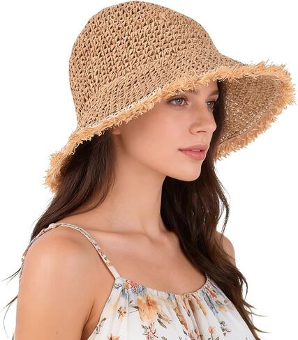 قبعة دلو القش للسيدات من Einskey - حماية UV خفيفة الوزن قابلة للعبّارة للسيارة المشي لمسافات طويلة على الشاطئ في الهواء الطلق المشي لمسافات طويلة in Kuwait