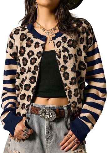 Women Sweaters Cardigan Leopard Print Striped Color Block Round Neck Drop Shoulder Long Sleeves Button Knited Top in Saudi Arabia