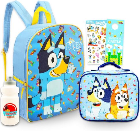 حقيبة ظهر Bluey مع حقيبة غداء للأطفال والأولاد والبنات - حزمة مع حقيبة مدرسية مقاس 15 بوصة، وصندوق غداء، وزجاجة مياه، وملصقات، والمزيد | مجموعة حقيبة ظهر Bluey وصندوق الغداء in Kuwait