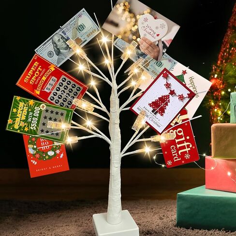 2Ft Money Tree Gift Holder with 24 LED Lights & 12 Clips, Battery/USB Powered Lighted Birch Tree for Displaying Cards, Photos - Ideal for Christmas, Wedding, Birthday, Graduation Decor in Saudi Arabia