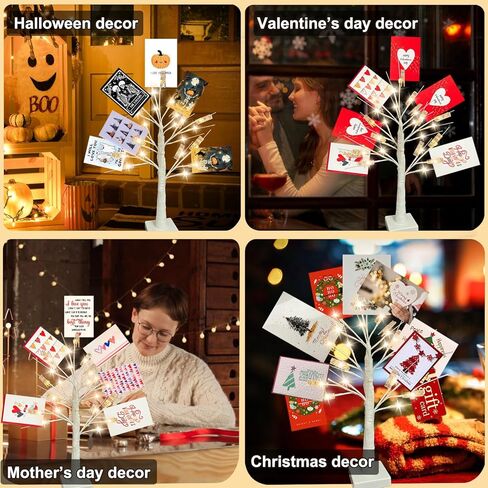 2Ft Money Tree Gift Holder with 24 LED Lights & 12 Clips, Battery/USB Powered Lighted Birch Tree for Displaying Cards, Photos - Ideal for Christmas, Wedding, Birthday, Graduation Decor in Saudi Arabia