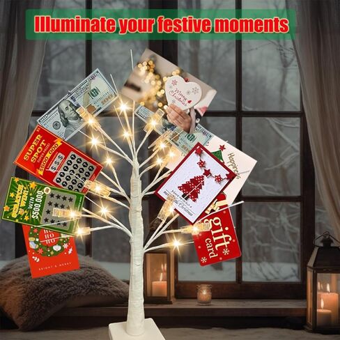 2Ft Money Tree Gift Holder with 24 LED Lights & 12 Clips, Battery/USB Powered Lighted Birch Tree for Displaying Cards, Photos - Ideal for Christmas, Wedding, Birthday, Graduation Decor in Saudi Arabia