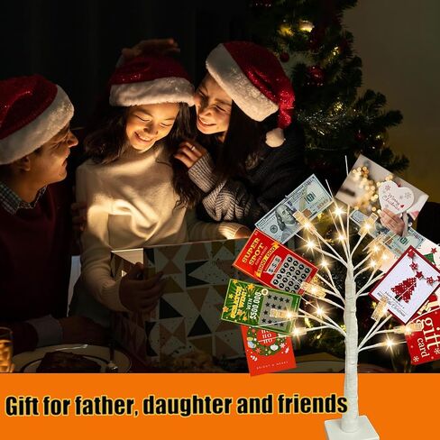 2Ft Money Tree Gift Holder with 24 LED Lights & 12 Clips, Battery/USB Powered Lighted Birch Tree for Displaying Cards, Photos - Ideal for Christmas, Wedding, Birthday, Graduation Decor in Saudi Arabia
