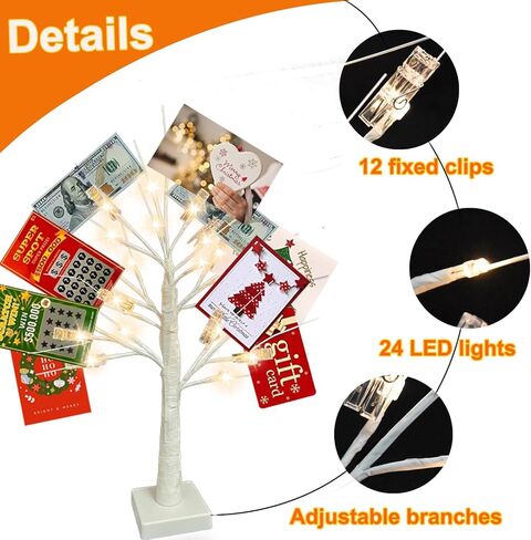 2Ft Money Tree Gift Holder with 24 LED Lights & 12 Clips, Battery/USB Powered Lighted Birch Tree for Displaying Cards, Photos - Ideal for Christmas, Wedding, Birthday, Graduation Decor in Saudi Arabia