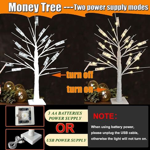 2Ft Money Tree Gift Holder with 24 LED Lights & 12 Clips, Battery/USB Powered Lighted Birch Tree for Displaying Cards, Photos - Ideal for Christmas, Wedding, Birthday, Graduation Decor in Saudi Arabia