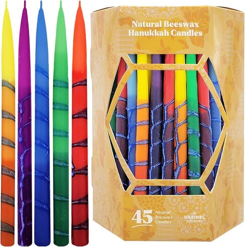 The Dreidel Company Dripless Hanukkah Premium Beeswax Candles Multicolored 1-Hour BurnTime, Hand-Made Striped Deluxe Tapered Decorations, Chanukkah Menorah Candles for All 8 Nights of Chanukah in Saudi Arabia
