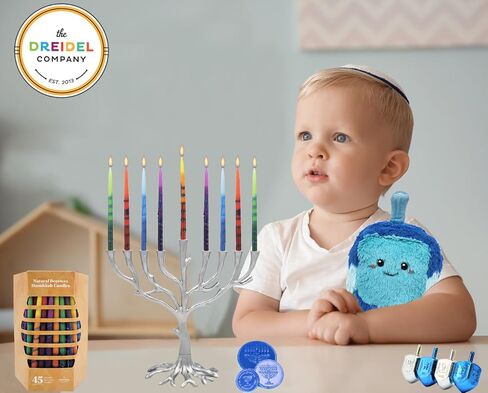 The Dreidel Company Dripless Hanukkah Premium Beeswax Candles Multicolored 1-Hour BurnTime, Hand-Made Striped Deluxe Tapered Decorations, Chanukkah Menorah Candles for All 8 Nights of Chanukah in Saudi Arabia