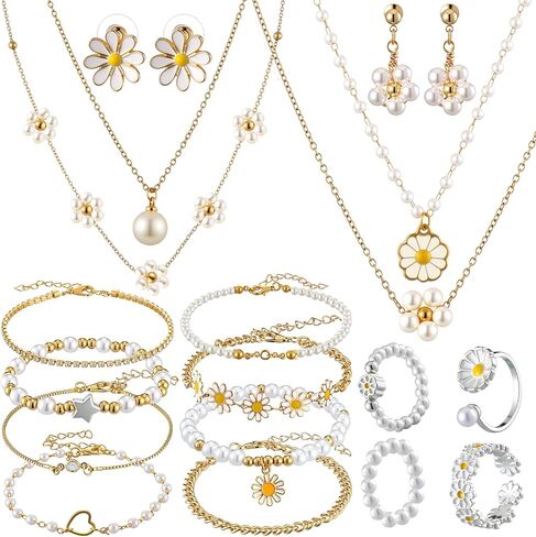 Tondiamo 17 Pcs Daisy Pearl Jewelry Set for Women Daisy Pearl Gold Plated Dainty Necklace Earrings Rings Layer Charm Bracelets Gifts for Valentines Women in Saudi Arabia