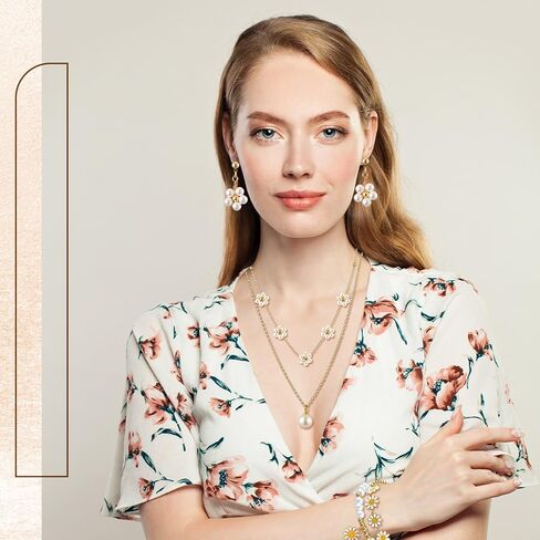 Tondiamo 17 Pcs Daisy Pearl Jewelry Set for Women Daisy Pearl Gold Plated Dainty Necklace Earrings Rings Layer Charm Bracelets Gifts for Valentines Women in Saudi Arabia