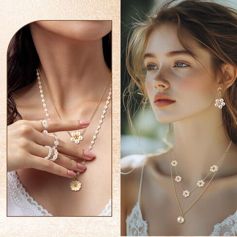 Tondiamo 17 Pcs Daisy Pearl Jewelry Set for Women Daisy Pearl Gold Plated Dainty Necklace Earrings Rings Layer Charm Bracelets Gifts for Valentines Women in Saudi Arabia