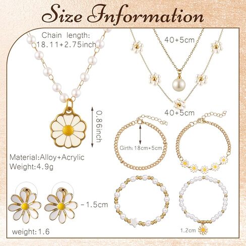 Tondiamo 17 Pcs Daisy Pearl Jewelry Set for Women Daisy Pearl Gold Plated Dainty Necklace Earrings Rings Layer Charm Bracelets Gifts for Valentines Women in Saudi Arabia