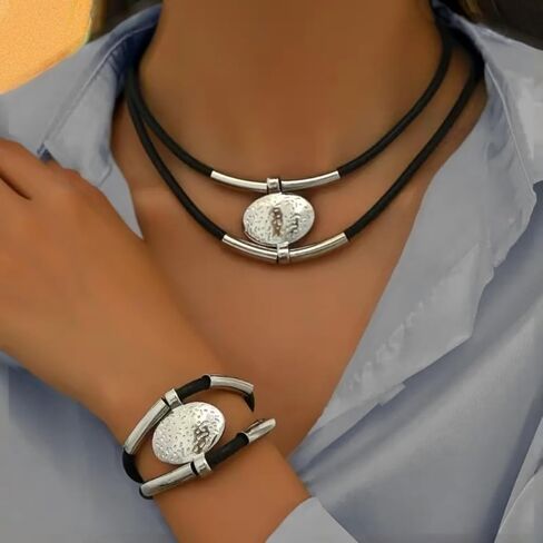 Necklace Bracelet Set Black Retro Collarbone Chain Double Layer Adjustable Gold or Silver Tone Unisex Gift in Saudi Arabia