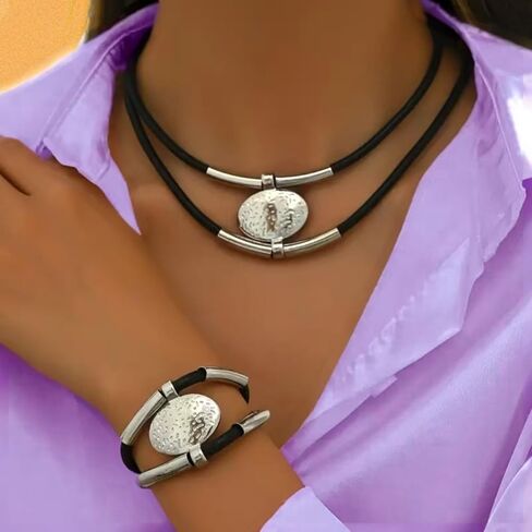Necklace Bracelet Set Black Retro Collarbone Chain Double Layer Adjustable Gold or Silver Tone Unisex Gift in Saudi Arabia