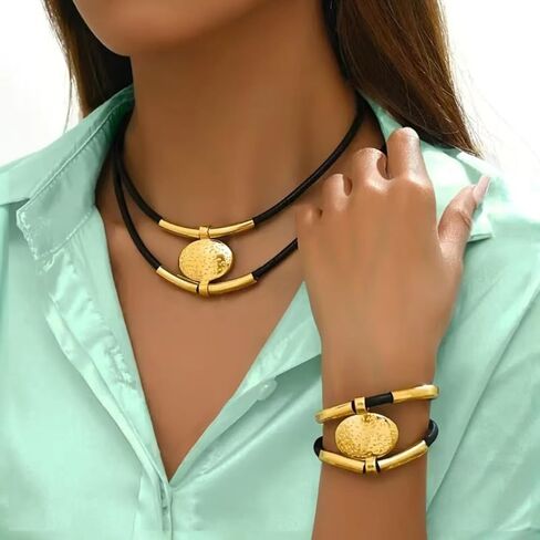 Necklace Bracelet Set Black Retro Collarbone Chain Double Layer Adjustable Gold or Silver Tone Unisex Gift in Saudi Arabia