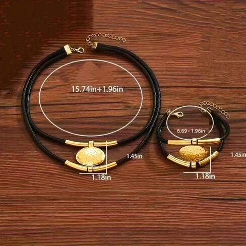 Necklace Bracelet Set Black Retro Collarbone Chain Double Layer Adjustable Gold or Silver Tone Unisex Gift in Saudi Arabia
