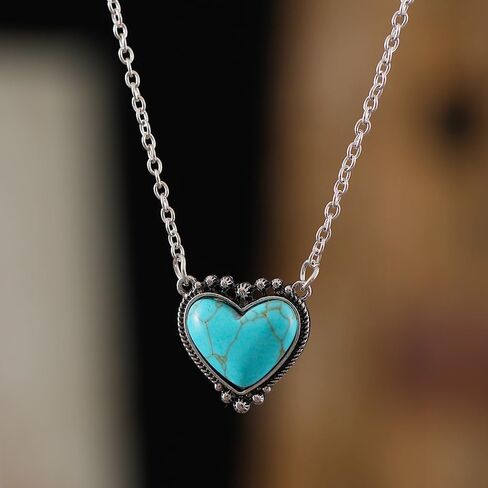 Western Jewelry For Women Cowgirl Bohemian Turquoise Jewelry Set Heart Pendant Chain Necklace Stud Earrings Turquoise Joint Knuckle Rings in Saudi Arabia