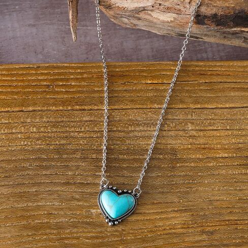 Western Jewelry For Women Cowgirl Bohemian Turquoise Jewelry Set Heart Pendant Chain Necklace Stud Earrings Turquoise Joint Knuckle Rings in Saudi Arabia
