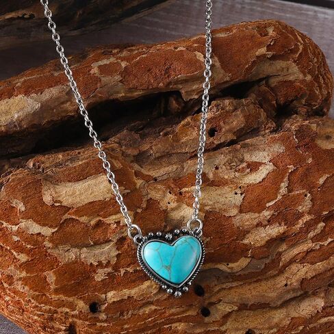 Western Jewelry For Women Cowgirl Bohemian Turquoise Jewelry Set Heart Pendant Chain Necklace Stud Earrings Turquoise Joint Knuckle Rings in Saudi Arabia