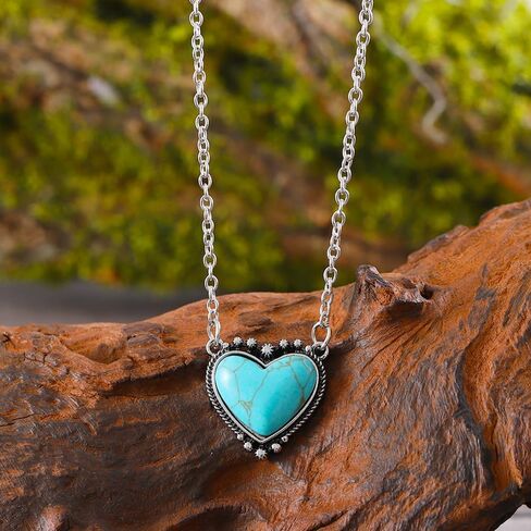 Western Jewelry For Women Cowgirl Bohemian Turquoise Jewelry Set Heart Pendant Chain Necklace Stud Earrings Turquoise Joint Knuckle Rings in Saudi Arabia