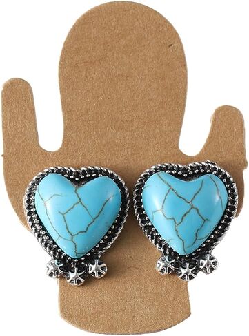 Western Jewelry For Women Cowgirl Bohemian Turquoise Jewelry Set Heart Pendant Chain Necklace Stud Earrings Turquoise Joint Knuckle Rings in Saudi Arabia