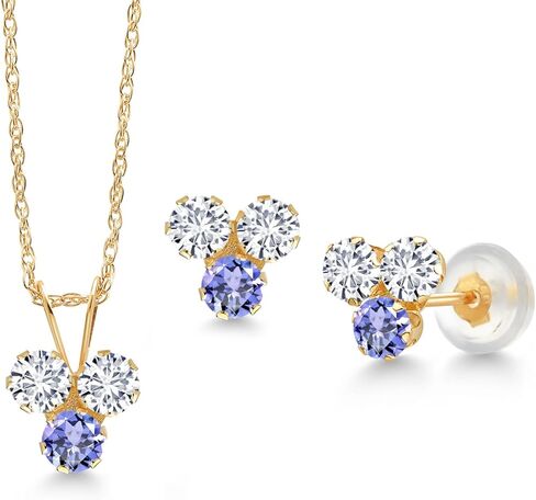 Gem Stone King 14K Yellow Gold White Lab Grown Diamond and Blue Tanzanite 3 Stone Pendant and Earrings Jewelry Set For Women (1.05 Cttw, Round 3MM, with 18 Inch Chain) in Saudi Arabia