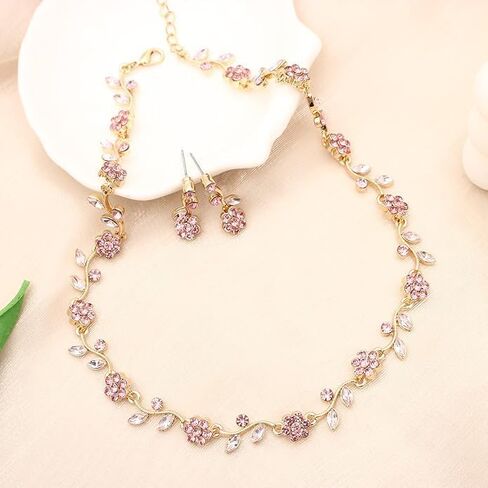 Elegant Wedding Austrian Crystal Flower Choker Necklace Dangle Earrings Bracelet Jewelry Set for Women Prom Party Bridal in Saudi Arabia