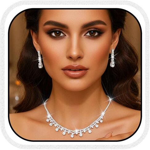 مجموعة مجوهرات الزفاف من أحجار الراين من Aukmla، مجموعة مجوهرات الزفاف الفضية والكريستال العروس وسوار وأقراط وقلادات للحفلات الراقصة للنساء in Saudi Arabia