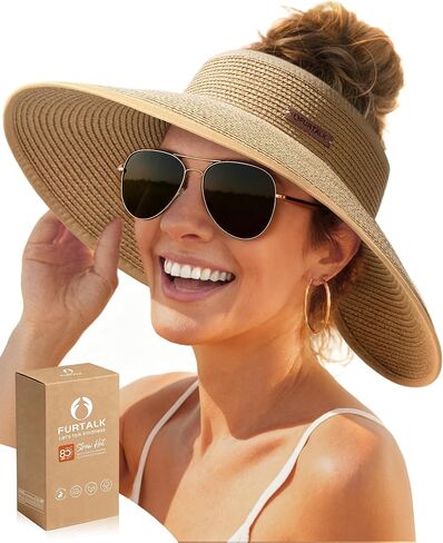 FURTALK Sun Visor Hats for Women Wide Brim Straw Ponytail Summer Beach Hat UV UPF Packable Foldable Travel in Kuwait