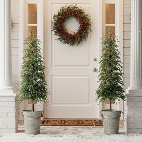 Yunlly 2 Pcs 4FT Norfolk Pine Christmas Tree Real Touch Holiday Faux Tree Artificial Topiary with Ground Stakes, Realistic Outdoor Christmas Decoration for Front Porch Entryway Indoor Garden in Saudi Arabia