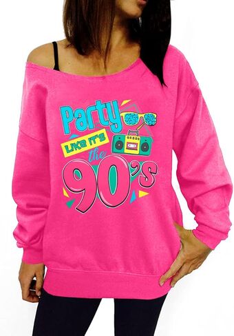 MNLYBABY 80s الزي النسائي 80s 90s موضوع حفلة ديسكو قميص قبالة الكتف البلوز خمر 80s النيون أنا أحب الثمانينات in Saudi Arabia