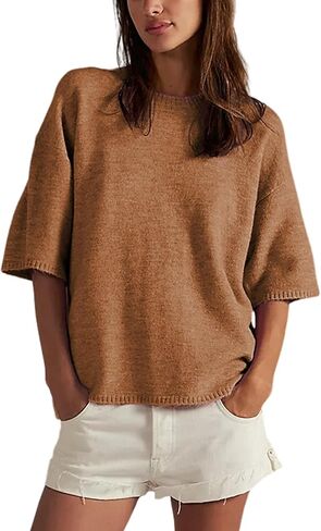 Yeokou Women Sweater Tee Casual Crewneck Short Sleeve Pullover Top Ribbed Knit Loose Shirt in Saudi Arabia