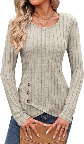 Women's Long Sleeve Ribbed Knit Pullover Sweater Top, Casual Slim Fit Button Detail Tunic Shirt for Fall Winter in Saudi Arabia