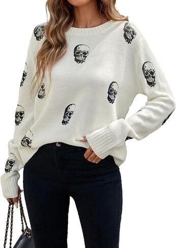 Womens Oversized Crew Neck Ribbed Knit Sweater Winter 2025 Trendy Long Sleeve Halloween Skull Sweaters in Saudi Arabia
