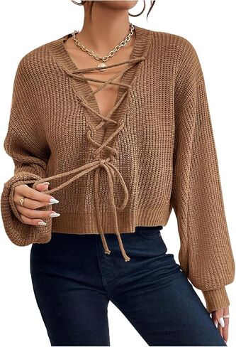SHENHE Women's Lace Up Deep V Neck Sweater Lantern Sleeve Fall Dressy Knit Sweater Pullover in Saudi Arabia