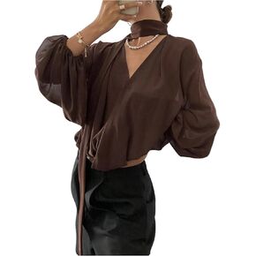 SOLY HUX Women's Wrap V Neck Blouse Lantern Long Sleeve Tie Neck Sheer Elegant Shirts Tops in Saudi Arabia