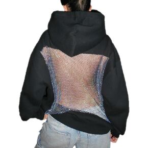 سترة نسائية Y2K بغطاء للرأس شبكي مثير من الخلف بمقاس كبير من الدانتيل الكريستالي، بلوفر شفاف للحفلات مع جيب in Kuwait