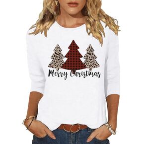 Merry Christmas Tree Crew Neck Shirt for Women Funny Xmas Graphic 3/4 Sleeve Tee Winter Holiday Family Party Matching Tops in Saudi Arabia