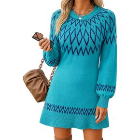 Youtalia Womens Knit Sweater Dress Fair Isle Lantern Sleeve Casual Crewneck Ribbed Pullover Sweaters Fall Winter Mini Dresses in Kuwait