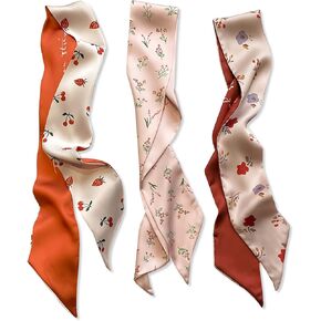 3 Packs Skinny Silk Scarf Women Girls Narrow Long Neckerchief Floral Print Polka Dot Pattern Satin Slim Ribbon Scarf in Kuwait