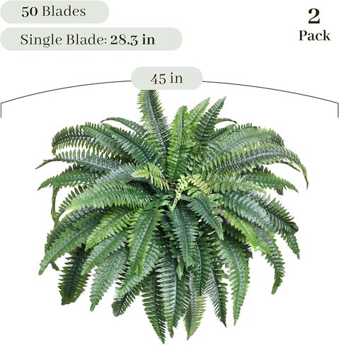 KOL Artificial Boston Ferns, Fake Faux Fern Plants 45 Inch 2 Pack, Green Large Fern with Bendable Stems for Hanging or Floor Display, Indoor Outdoor UV Resistant Home Decor in Saudi Arabia