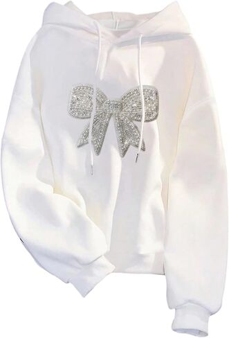 GORGLITTER Women's Bow Sequin Streetwear Preppy Hoodies Fall Vintage Long Sleeve Y2K Hooded Sweatshirt in Saudi Arabia