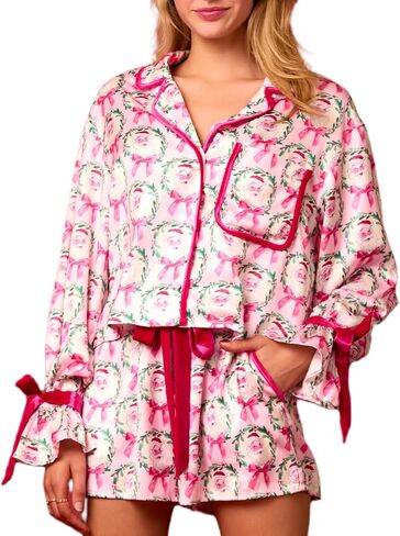 Seyurigaoka Christmas Pajamas Shorts Set for Women Y2k Cute Bow Tie Pjs Button Up Top+Ruffle Shorts 2 Piece Xmas Jammies in Saudi Arabia