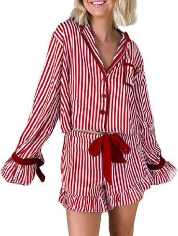 Seyurigaoka Christmas Pajamas Shorts Set for Women Y2k Cute Bow Tie Pjs Button Up Top+Ruffle Shorts 2 Piece Xmas Jammies in Saudi Arabia